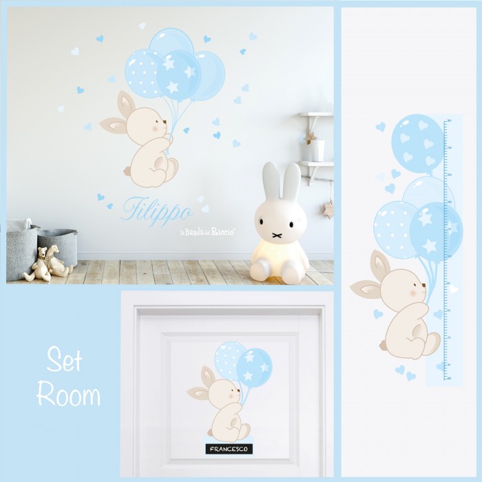 Stickers murali bambini "Set Room Bunny Balloon" -foto ambientata colore azzurro
