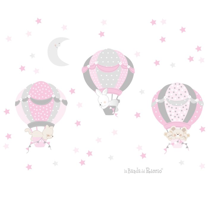 Adesivi murali bambini "Le Mongolfiere 4"; tre raffinate mongolfiere con luna e stelline - variante grigio/rosa - disegno