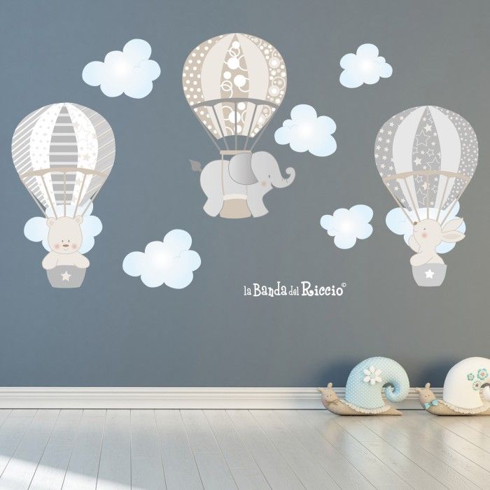 Baby wall stickers "Air Balloons 2" three hot-air balloons with little animals. Colour gray-beige. Photo