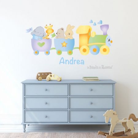 Nursery wall decals "Ciuf Ciuf train" naif train with little puppies and baby's name.