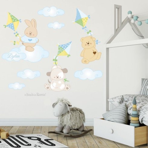 Adesivi parete cameretta "Gli Aquiloni" aquiloni con coniglietto orsetto e cagnolino -foto ambientata- colore verde azzurro