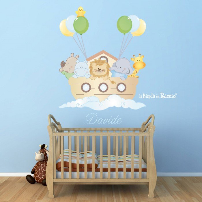 Nursery Decor "Noah's Ark" wild puppies on the ark carried by balloons. Photo