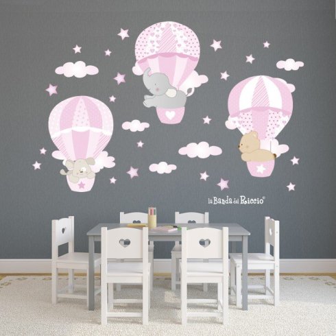 baby wall decal "Air Balloons 3" . The Balloons carry three friends with stars end clouds. Colour pink.