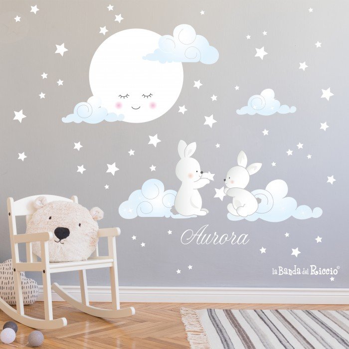 Adesivi murali Moonlight - immagini di coniglietti sulle nuvole con luna sognante e stelline