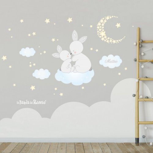 wall sticker "Cuddles"  two loving bunnies. Color gray-lightblue Photo