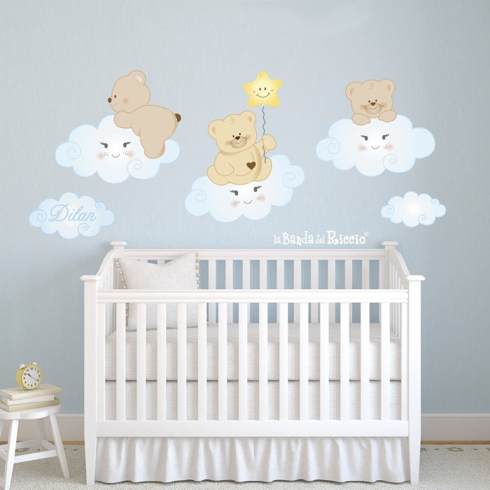 Baby wall decor " Bears in the clouds" three teddy bears sitting on clouds. Photo color lightblue