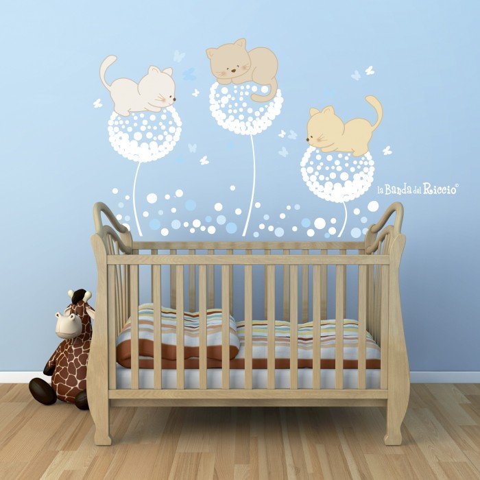 wall stickers "Dandelion"with three sweet cats. Colour Lightblue. Photo