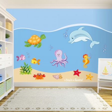 Adesivi murali "Mondo marino" :pesciolini, animali marini e tante conchiglie. Foto ambientata