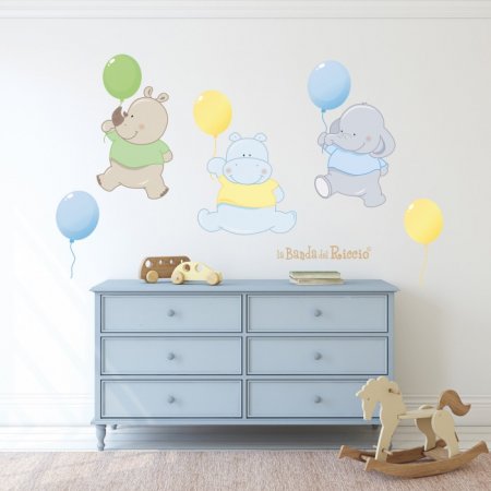 Wall decals Balloons: one elephant, one hippo and one rhino. Photo lightblue color