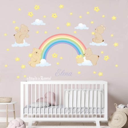 Rainbow wall sticker: a big rainbow with little bears, clouds and stars. Photo