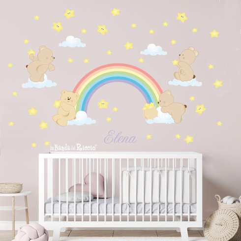 Rainbow wall sticker: a big rainbow with little bears, clouds and stars. Photo