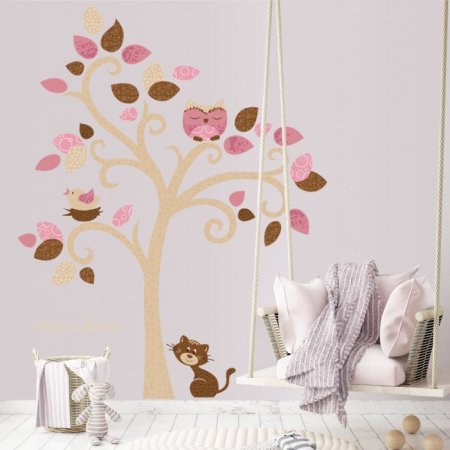 Nursery wall decals Cat's Tree. Photo. Color beige, brown, and rose pink