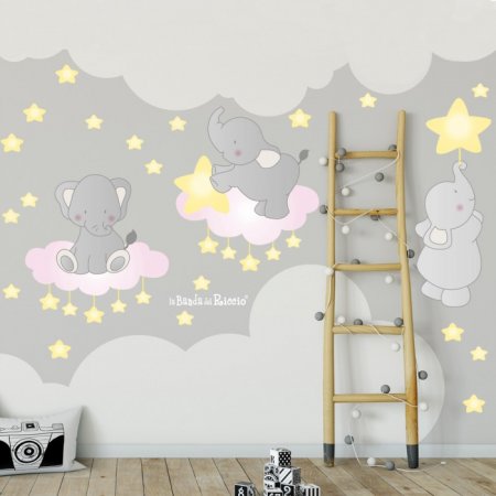 wall sticker "The Elephant" three elephants surrounded by stars. Colour pink. Photo