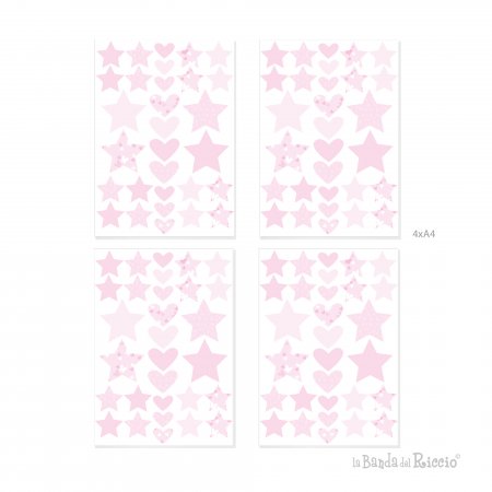 stampa degli adesivi murali stelle e cuori su 4 fogli A4. Variante Rosa