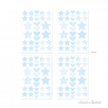 stampa degli adesivi murali stelle e cuori su 4 fogli A4. Variante Azzurra