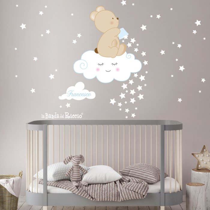 baby wall decals "Falling Stars" a teddy bear on the cloud with lots of stars. colour withe /lightblue. Photo