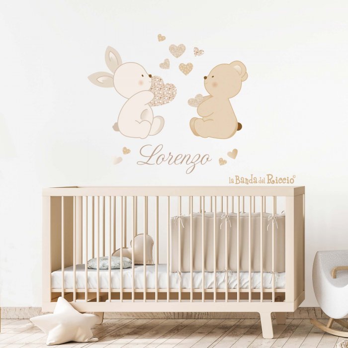 Wall stickers "Love and Tenderness" bear and bunny with hearts. Photo