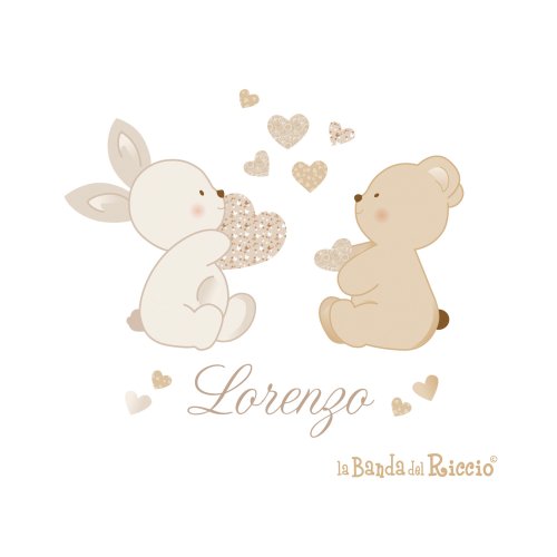 Stickers bambini "Amore e Tenerezza" - un coniglietto e un orsetto con tanti cuoricini- colore beige-
