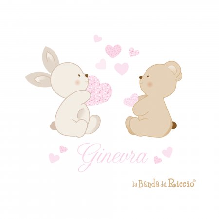"Love and Tenderness" bear and bunny with hearts. Drowing,  pink color.