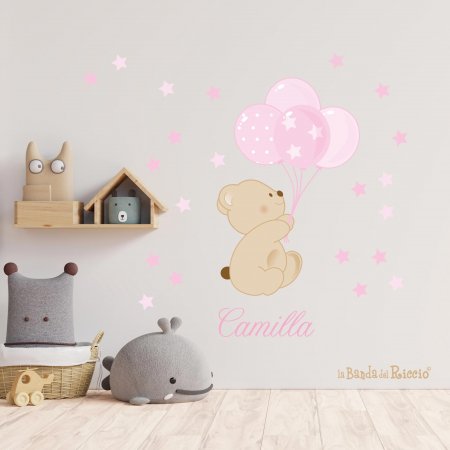 wall sticker "Bear Baloons" sweet bear with balloons and stars. Colour pink. Photo