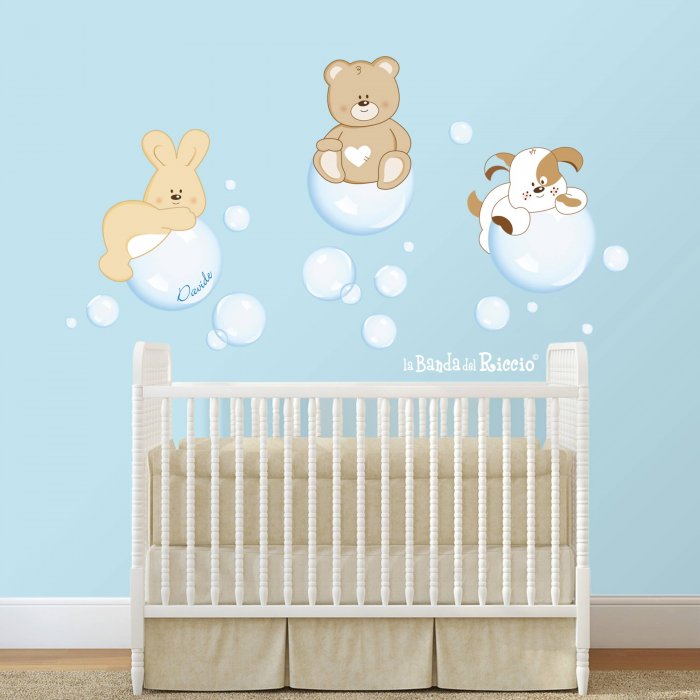 Wall Decals "Soap Bubbles" three little puppies floating on soap bubbles. Photo