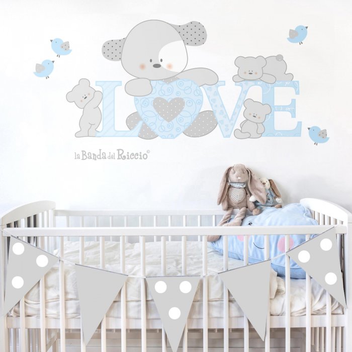 Baby wall decals "Dog's Love". Lovely doggie with writing LOVE. Photo Lightblue
