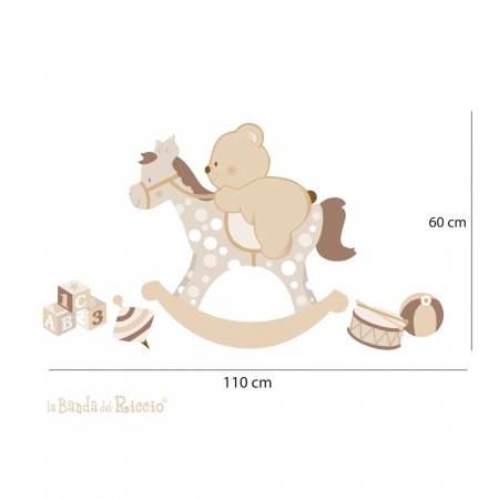 Nursery wall decal "Rocking Horse" with little toys. Beige color. Size