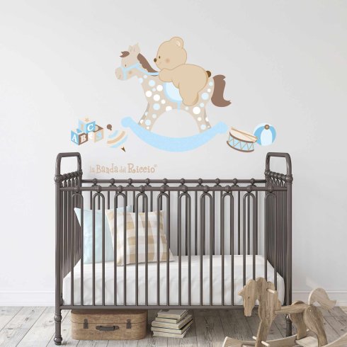 Nursery wall decal "Rocking Horse" with little toys. Lightblue color. Photo