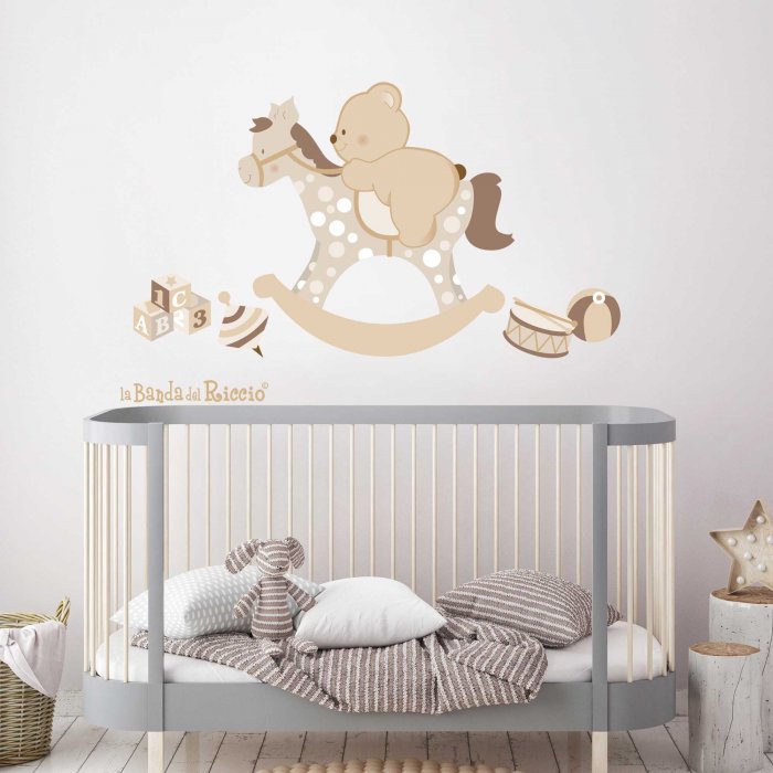 Nursery wall decal "Rocking Horse" with little toys. Beige color. Photo