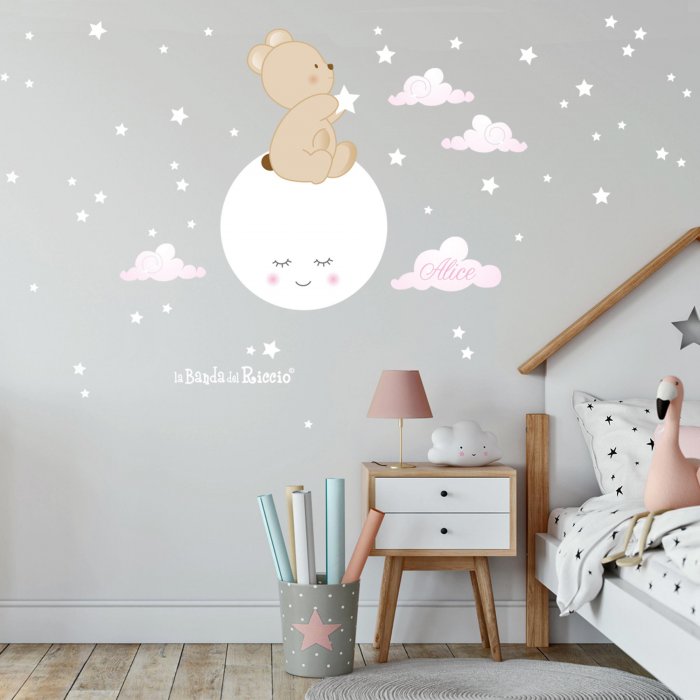 baby wall stickers "Make a wish" teddy bear on the moon with stars and clouds. Photo