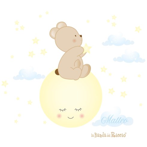 Wallstickers di un orsacchiotto, una luna , tante stelle e nuvolette. Colore bianco/rosa, foto ambientata