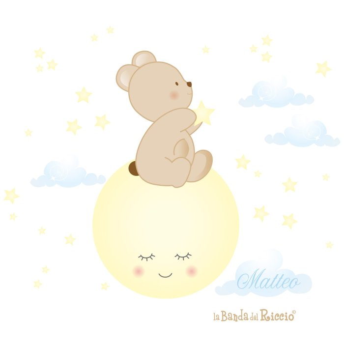 Wallstickers di un orsacchiotto, una luna , tante stelle e nuvolette.Colore giallo/azzurro