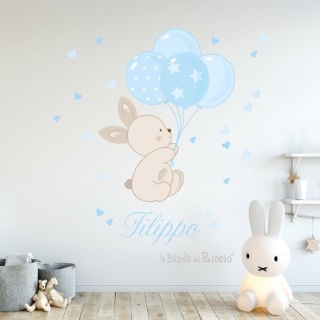 Sticker murali bambini "Bunny Balloons"; coniglietto trasportato da palloncini - variante/azzurra. Foto ambientata