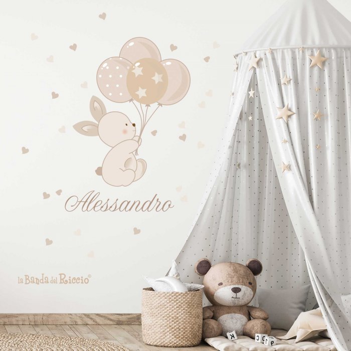 Nursery wall stickers , Bunny Balloons. A bunny with four balloons, Colour Beige. Photo