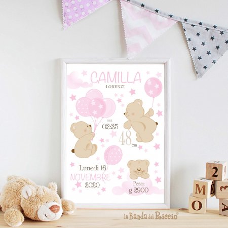Birth Picture, new baby print Bear Balloons, color pink
