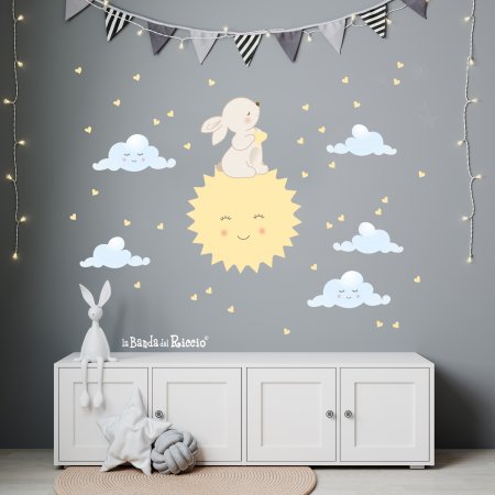 Wall sticker "Smiley Sun". A big sun with a rubbit hearts and clouds. Photo