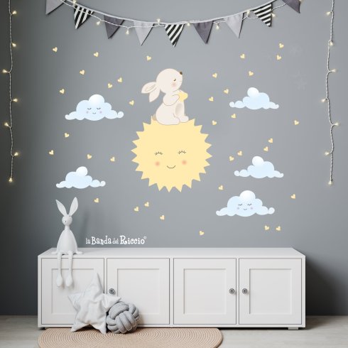 Wall sticker "Smiley Sun". A big sun with a rubbit hearts and clouds. Photo