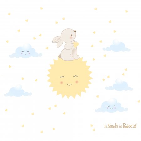 Stickers murali "il sole ridente" un coniglietto sul sole circonato da tanti cuori, disegno.