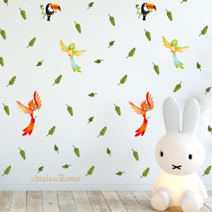 Pattern "il Safari" per creare un effetto carta da parati con piccoli adesivi murali raffiguranti foglie e uccellini foto