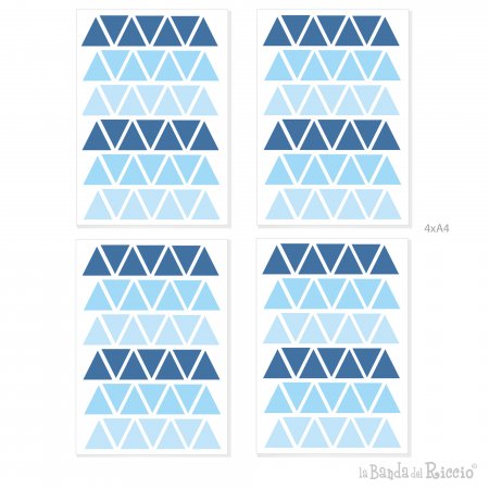 disegno grafico delle quatrro pagine A4 contenenti i triangoli in tre nuances di colore azzurro chiaro, azzurro, blu