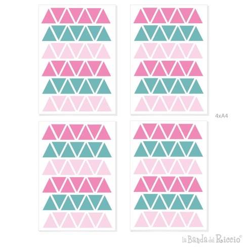 disegno grafico delle quatrro pagine A4 contenenti i triangoli in tre nuances di colore rosa forte menta rosa