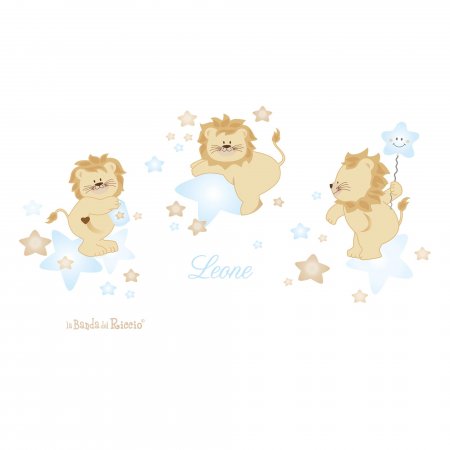 Stickers murali "Leoni sulle Stelle" tre leoni su tante stelle con il nome, colore azzurro. Disegno