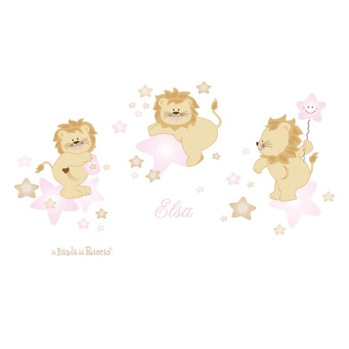 Stickers murali "Leoni sulle Stelle" tre leoni su tante stelle con il nome, colore azzurro. Foto ambientata