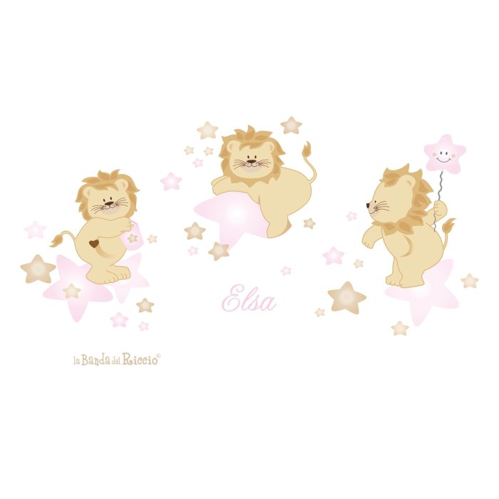 Stickers murali "Leoni sulle Stelle" tre leoni su tante stelle con il nome, colore rosa. Disegno