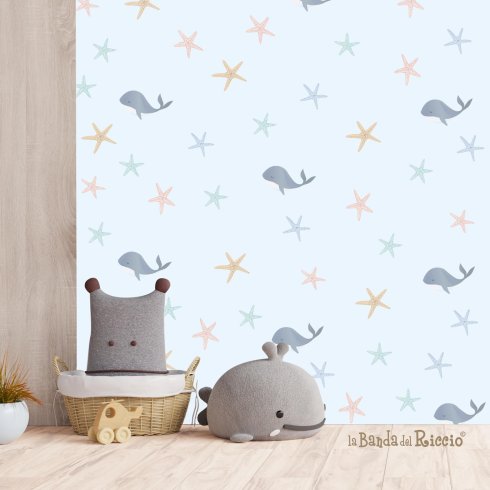 piccoli wall stickers "Fondo marino" Stelle marine e balene. Foto ambientata
