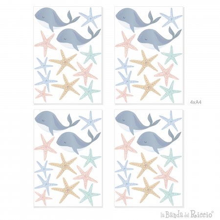 piccoli wall stickers "Fondo marino" Stelle marine e balene. composizione di stampa 4 figli A4