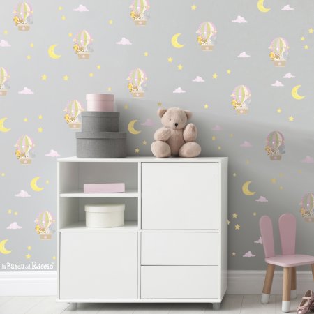 Mini wall stickers for nursery room . Balloons, moon, stars and clouds. color Pink. Photo