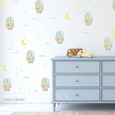 Mini wall stickers for nursery room . Balloons, moon, stars and clouds. color Lightblue. Photo