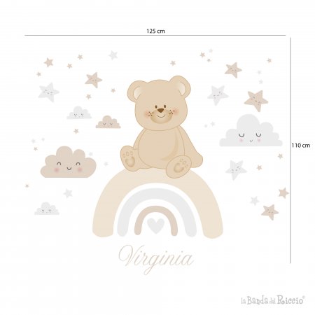 Teddy bear on the rainbow surrounded by stars and clouds. Beige color. Size
