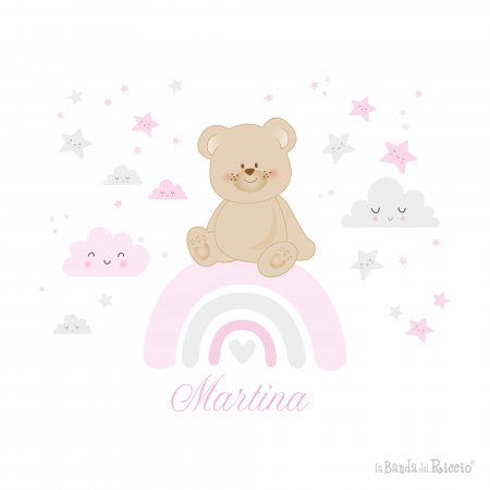 Teddy bear on the rainbow surrounded by stars and clouds. Pink color. Drawing